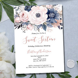 Rosa Vita blåa Blommigten Sweet sixteen 16 Födelse Inbjudningar