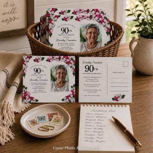 Rosa vita blommig 90-årsdag inbjudan vykort