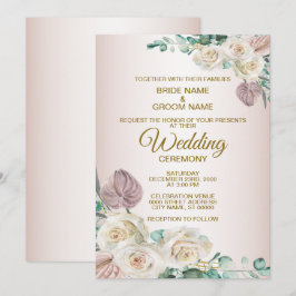 Rosa Vita Blommig Akvarell Greenery Bröllop Inbjudningar
