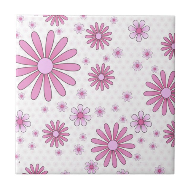 Rosa & Vita Blommig Kraft Retro Blommönster Kakelplatta (Framsidan)