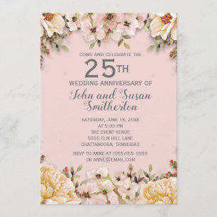 Rosa vita blommor 25-års bröllopsjubileum inbjudningar