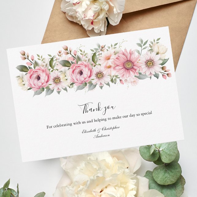 Rosa Vita Blommor Grönska Eukalyptus Bröllop Tack Kort (Pink White watercolor Floral Flower border wedding thank you card)