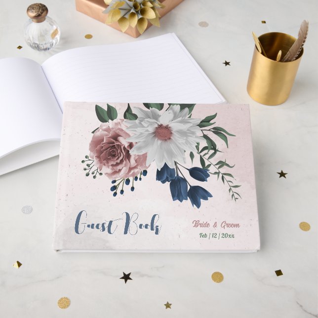 rosa, vita blommor i marinen i bröllop gästböcker (Framsida Öppen)
