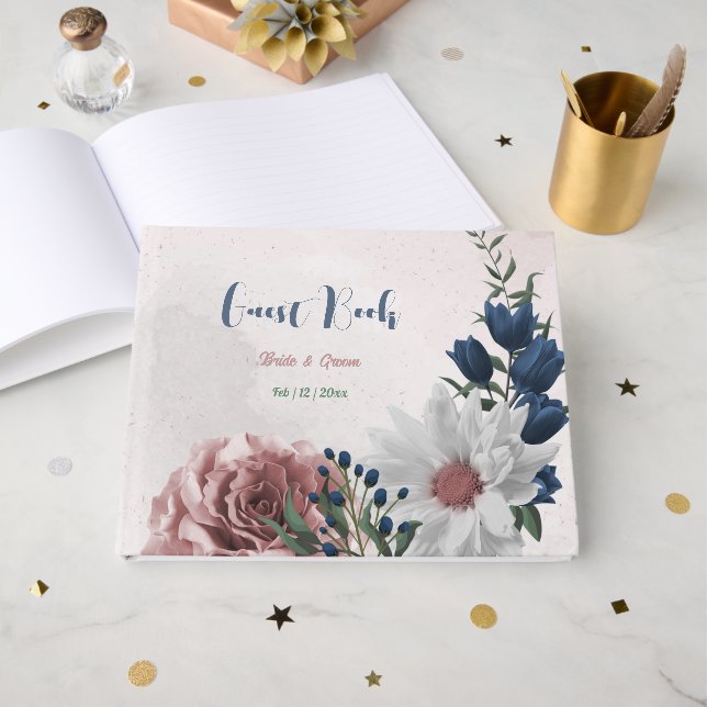 rosa, vita blommor i marinen i bröllop gästböcker (Framsida Öppen)