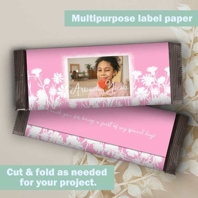 Rosa vita blommor Personlig omslag för godisbit (Pink, white botanical wild flowers bat mitzvah personalized chocolate bar wrapper DIY cheap budget)