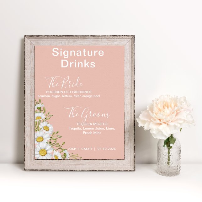  Rosa & vita Daisy Namnteckning Drinks Poster (Skapare uppladdad)