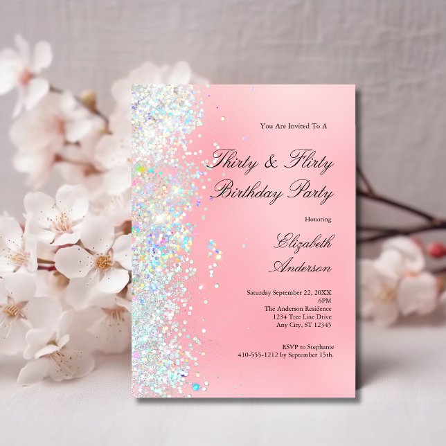  Rosa Vita Glitter 30:e trettio Vänd födelse Inbjudningar (Blush Pink and White Glitter 30th Thirty and Flirty Birthday Party invitation)