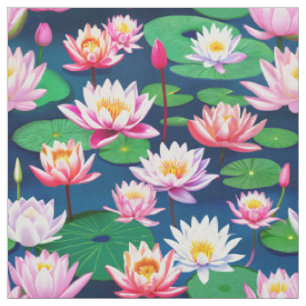 Rosa Vita Lotus Vattenlilja Blommor & Gröna blad Tyg