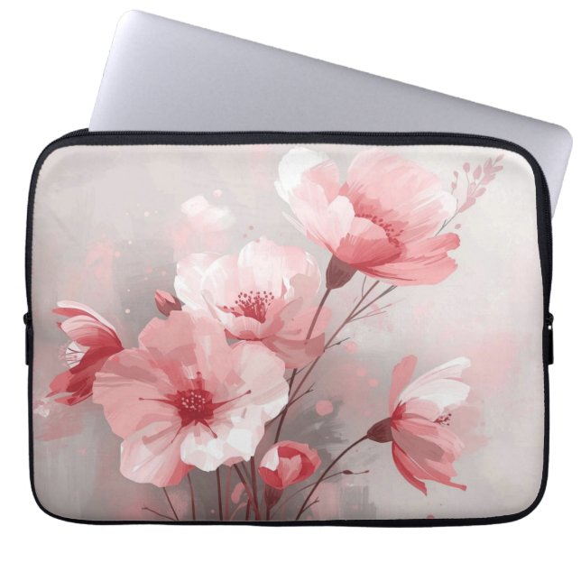 Rosa, Vita och Grå Blommor Laptop Fodral (Framsidan)