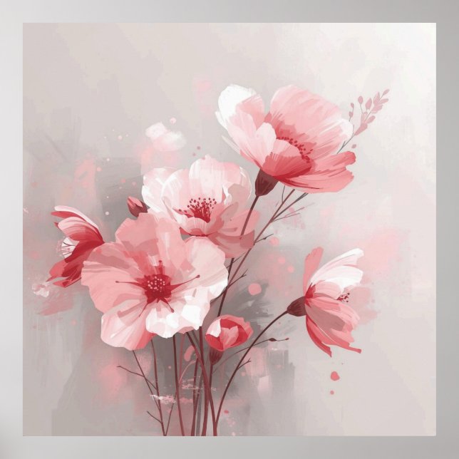 Rosa, Vita och Grå Blommor Poster (Framsidan)