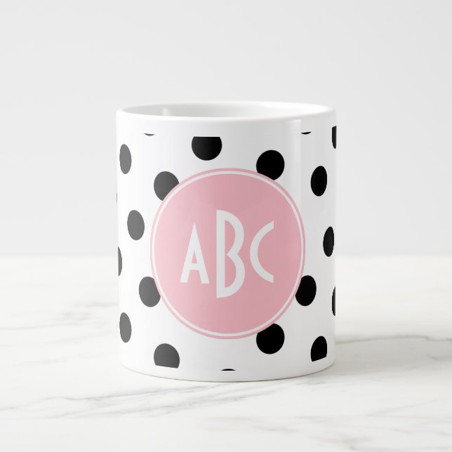 Rosa vita och svarta prickar Monogram Jumbo Mugg (Framsidan)