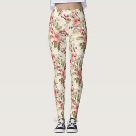 Rosa, vita Poinsettias, Grey och Red Berries Leggings