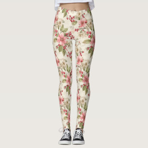 Rosa, vita Poinsettias, Grey och Red Berries Leggings