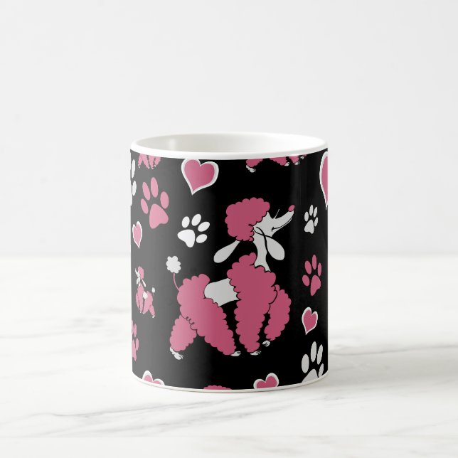 Rosa Vita Pudel Mönster på Svarta botten Kaffemugg (Center)