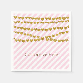 Rosa & vita ränder med guldfärgade hjärtan fest pappersservett