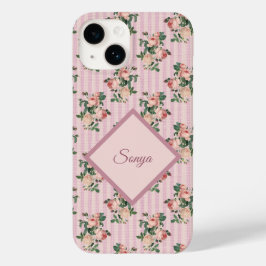 Rosa vita ränder och släpande rosor med monogram