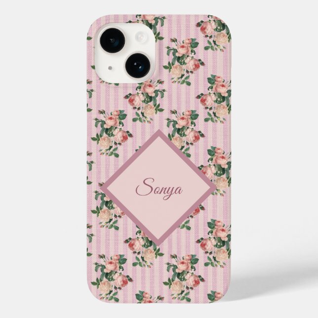 Rosa vita ränder och släpande rosor med monogram (Baksida)