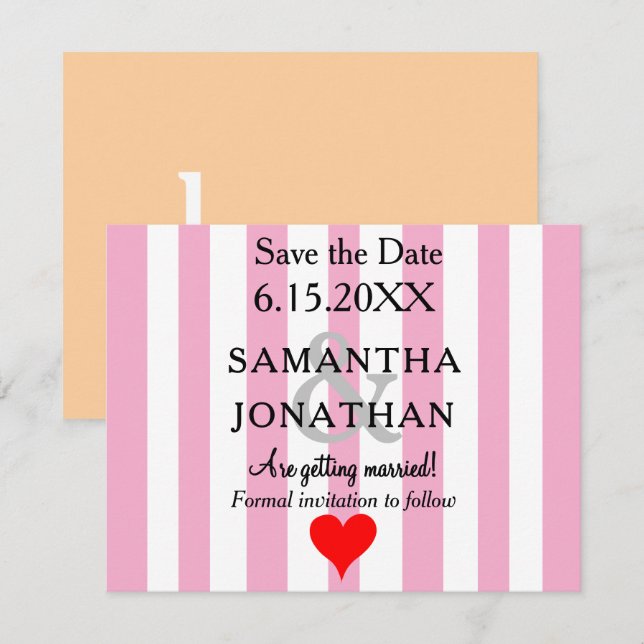 Rosa vita ränder rött hjärta bröllop Save the Date Spara Datumet (Fram/baksida)
