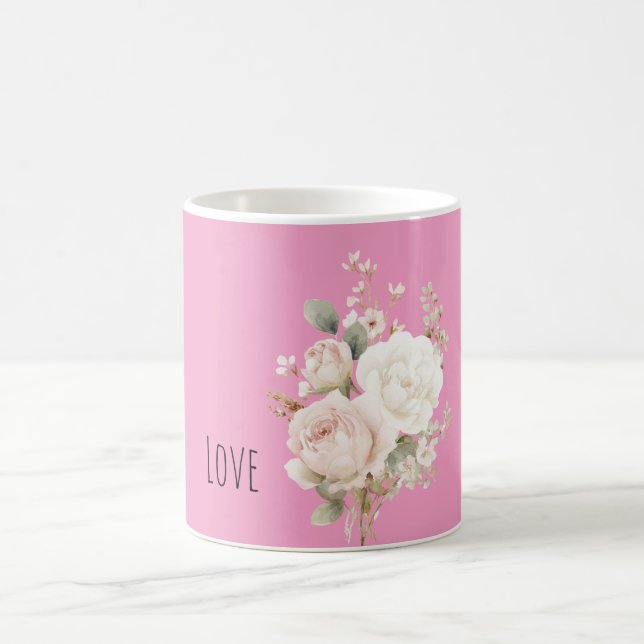 Rosa vita rosor blommig kaffemugg (Center)