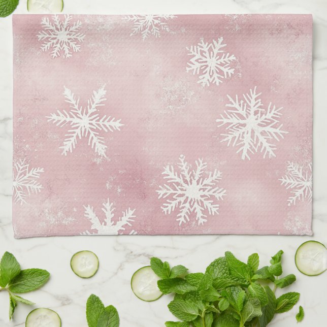 Rosa vita snöflingor jul kökshandduk (Vikta)