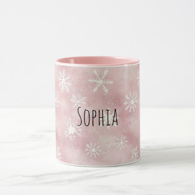 Rosa vita snöflingor jul mugg (Center)