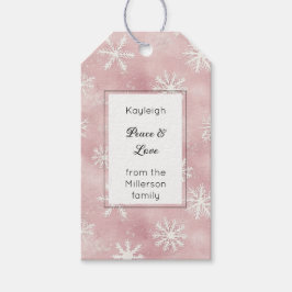 Rosa vita snöflingor jul rektangel presentetikett
