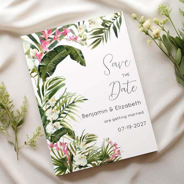 Rosa vita tropiska orkidéblommor Spara datum Inbjudningar (Pink white tropical orchid flowers Save the Date)