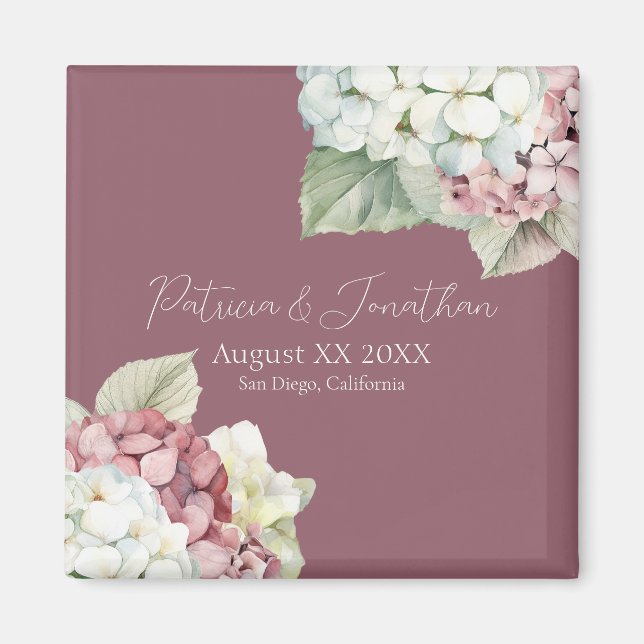 Rosa & Vita Vattenfärg Hydrangea Blommor på Röslät Magnet (Framsidan)