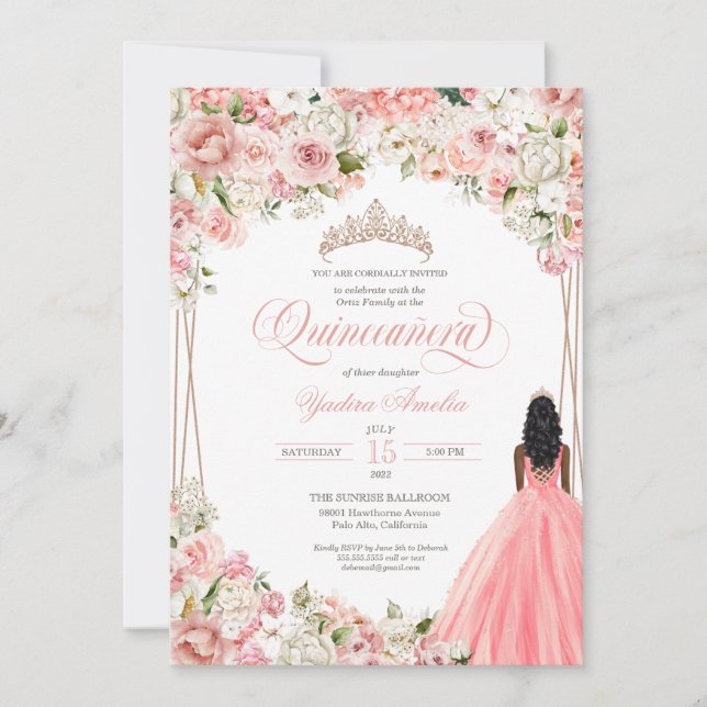  Rosa Vita vattenfärgsblommor Quinceañera Inbjudningar (Framsida)