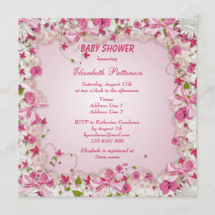 Rosa & vitblommor & Bows Flicka Shower Inbjudningar