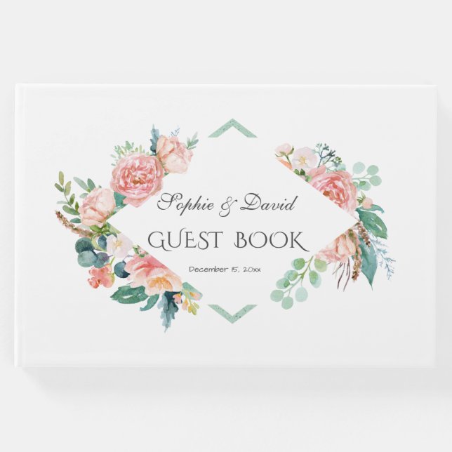 Rosa  vitblommor Grönt Ram Bröllop Gästböcker (Framsida)