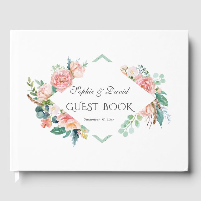Rosa  vitblommor Grönt Ram Bröllop Gästböcker (Framsida)