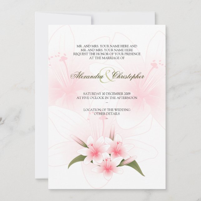Rosa- & vitliljar som gifta sig meddelande inbjudningar (Framsida)