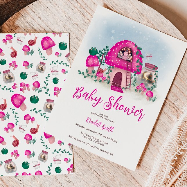 Rosa Vitmjölig babydusch för vedsnematoden Inbjudningar (Pink whimsical woodland fairy mushroom baby shower invitation)