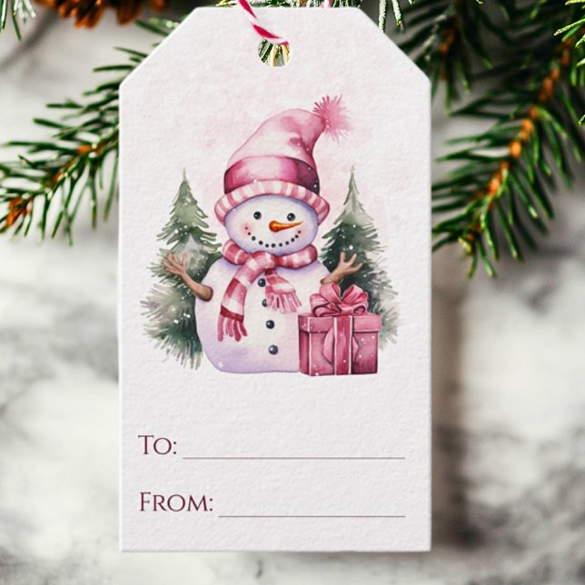 Rosa Vitsisk julafton i Helgdag Snögubbe Presentetikett (Cute watercolor pink snowman to and from Christmas gift tags)