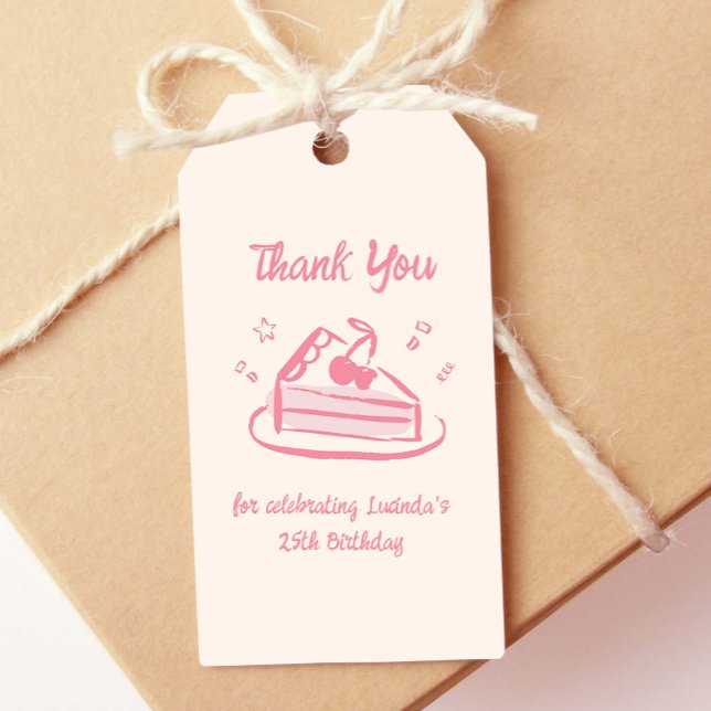 Rosa Vitsisk Tack av födelsedagskaka Hand plockade Presentetikett (cute, pink, hand-drawn, doodle cake thank you gift tag)