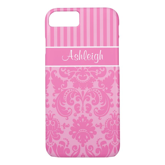 Rosa, Vitstripe Damask iPhone 7 Fodral Case-Mate iPhone Skal (Baksida)