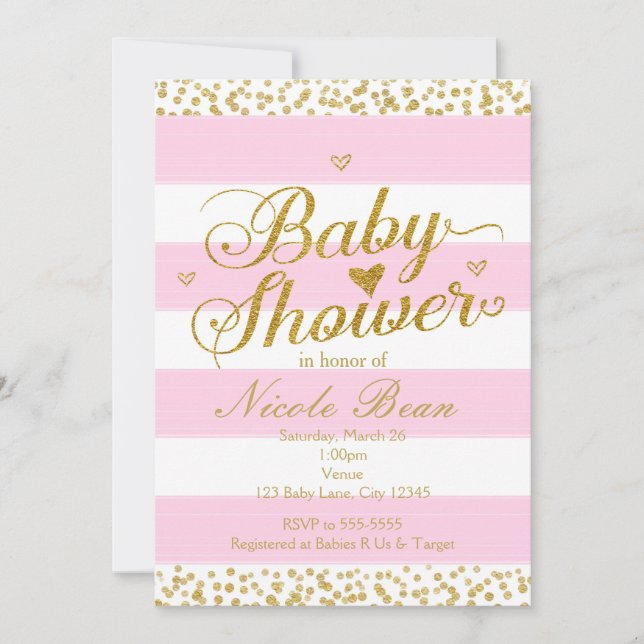 Rosa Vitt & Guld BABYSHOWER Flickinbjudningar Inbjudningar (Framsida)