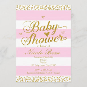 Rosa Vitt & Guld BABYSHOWER Flickinbjudningar Inbjudningar