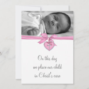 Rosa vitt kors Babyflicka Foto Dop Inbjudningar