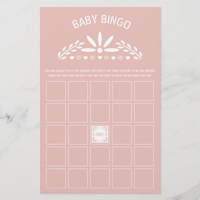 Rosa, vitt papel Picado Baby Shower Bingo-spel Flygblad (Framsidan)