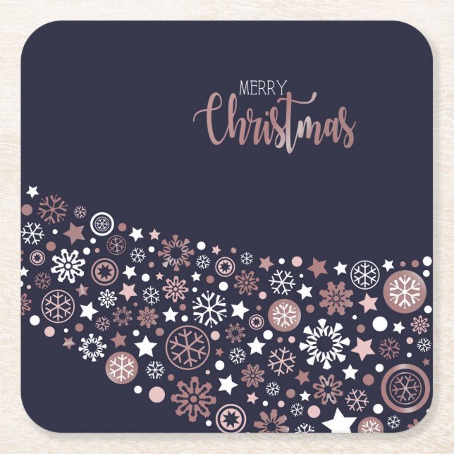 Rosa, vitt snöflingor i blå bakgrund underlägg papper kvadrat (Framsidan)