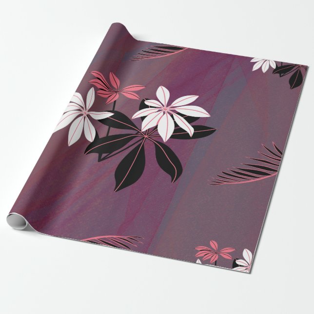 Rosa Vitvit och svart tropisk blommigt Presentpapper (Utrullad)