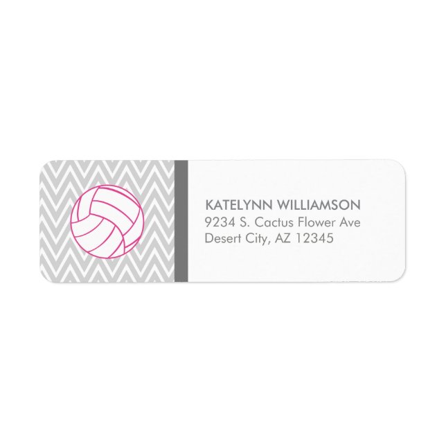 Rosa Volleyball Grått Chevron Anpassningsbar Adres Returadress Etikett (Framsidan)