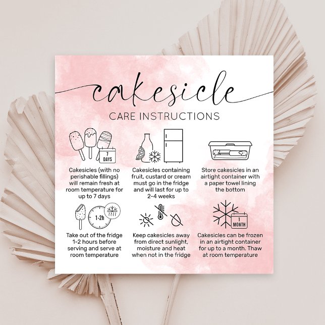  Rosa Waterbrush Cakesicles Bakery Care Guide Fyrkantigt Visitkort (Skapare uppladdad)