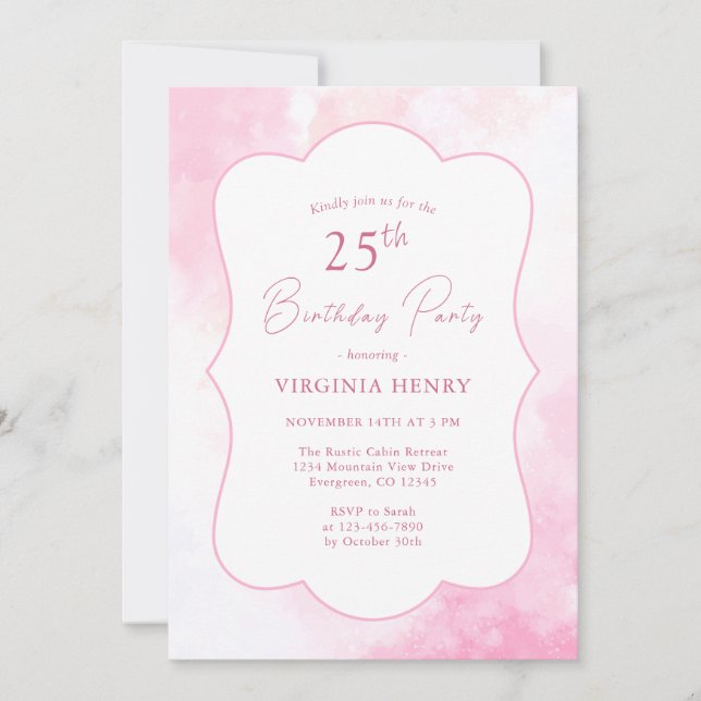 Rosa Watercolor 25:e födelsedagsinbjudan Inbjudningar (Framsida)
