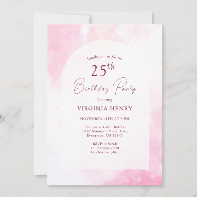 Rosa Watercolor 25:e födelsedagsinbjudan Inbjudningar (Framsida)