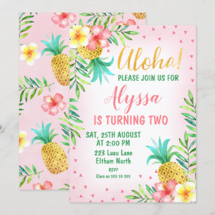 Rosa Watercolor Aloha Luau Birthday bjudande Inbjudningar