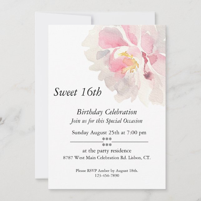 Rosa Watercolor, Anpassade, Sweet 16:e Inbjudningar (Framsida)