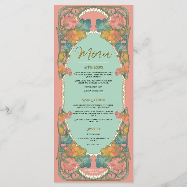 Rosa Watercolor Art nouveau Bröllop Menu Meny (Framsida)